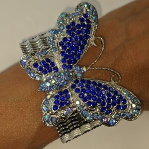 GORGEOUS SILVER TONE BLUE & AB RHINESTONES BUTTERFLY EXPANSION BRACELET
